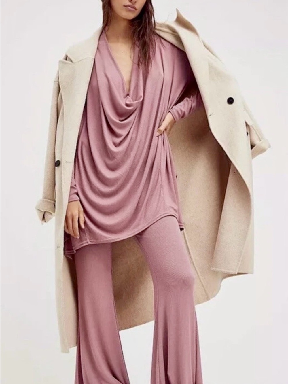 Free People Romy Rose Mauve Draped Cowl Tunic